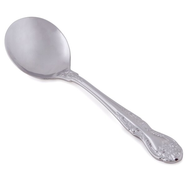 A Oneida Rosewood stainless steel bouillon spoon with a silver handle.