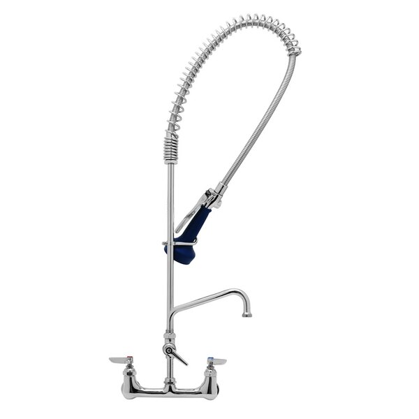 A T&S chrome wall mounted pre-rinse faucet with flexible hose.