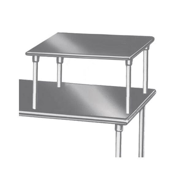A silver metal Advance Tabco table mounted equipment shelf with two shelves.
