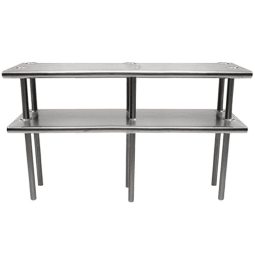 A stainless steel double deck overshelf on a table.