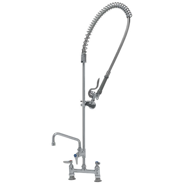 A T&S chrome deck mounted pre-rinse faucet with a hose attached.