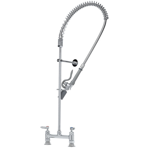 A chrome T&S pre-rinse faucet with a curved handle and hose.