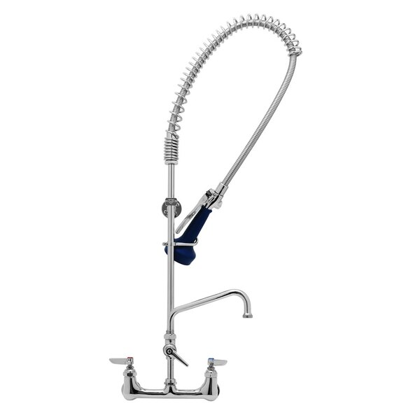 A T&S chrome wall mounted pre-rinse faucet with blue and chrome components and a flexible hose.