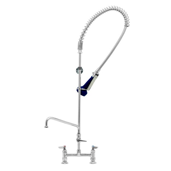 A T&S chrome pre-rinse faucet with a blue and white hose.