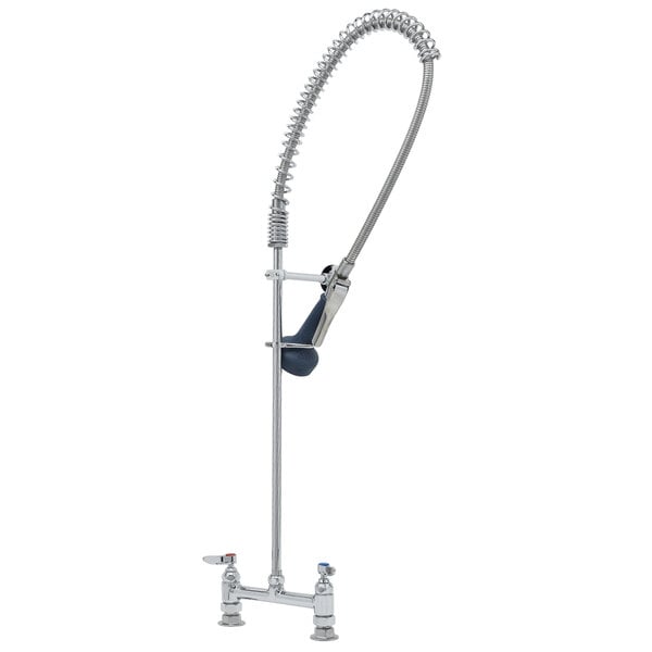 A T&S chrome deck mounted pre-rinse faucet with black handle.