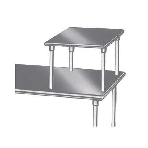 A silver stainless steel table-mounted equipment shelf with metal rods.