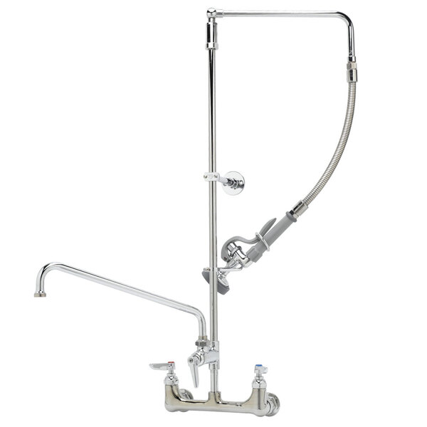 A T&S chrome wall mounted pre-rinse faucet with a hose and hand held sprayer.