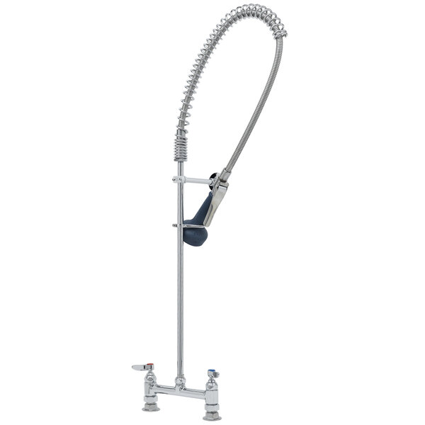 A T&S chrome pre-rinse faucet with a black handle and hose.