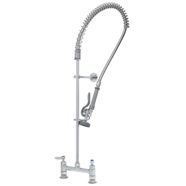 A silver T&S chrome pre-rinse faucet with a hose attached.
