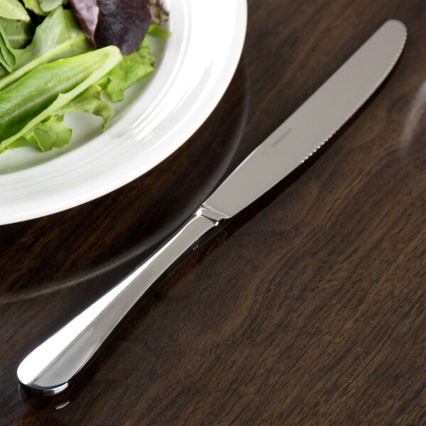 A Oneida stainless steel table knife on a plate with a salad.