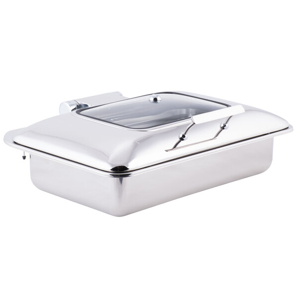 A Tablecraft stainless steel rectangular chafer with a glass lid.
