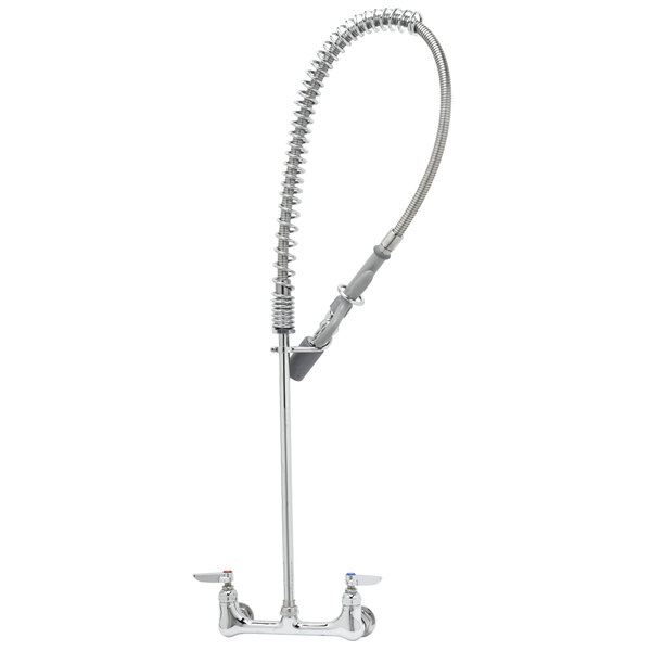 A silver T&S pre-rinse faucet with a curved metal hose.