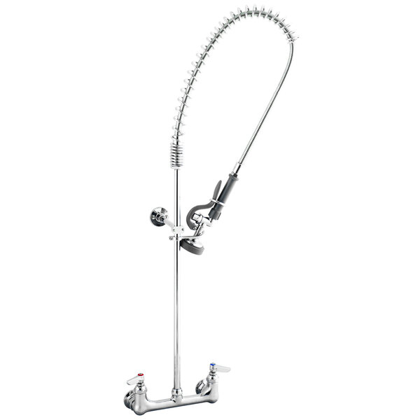 A silver T&S wall-mounted pre-rinse faucet with attached hose.