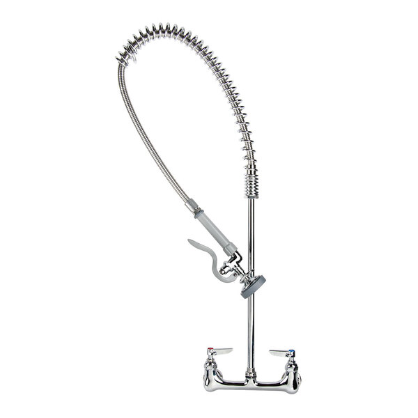 A T&S chrome wall-mounted pre-rinse faucet with a silver flexible hose.