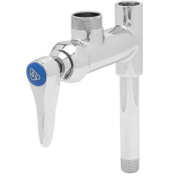 A silver T&S add-on faucet with a blue knob.