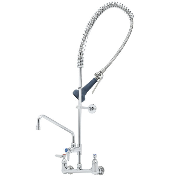 A chrome T&S pre-rinse faucet with a hose.