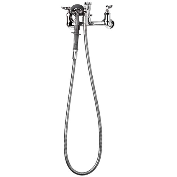 A T&S silver wall mount faucet with stainless steel hose.