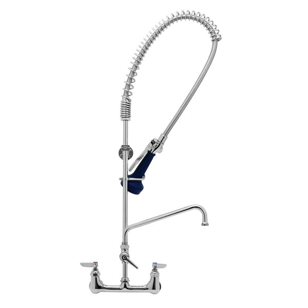 A T&S chrome pre-rinse faucet with a blue handle and flexible hose.