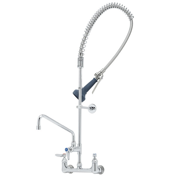 A T&S chrome wall mounted pre-rinse faucet with a hose and sprayer.