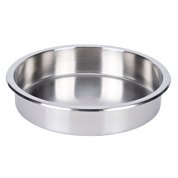 An American Metalcraft stainless steel round food pan with a round rim.