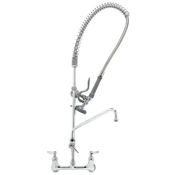 A T&amp;S chrome pre-rinse faucet with a hose attached to it.