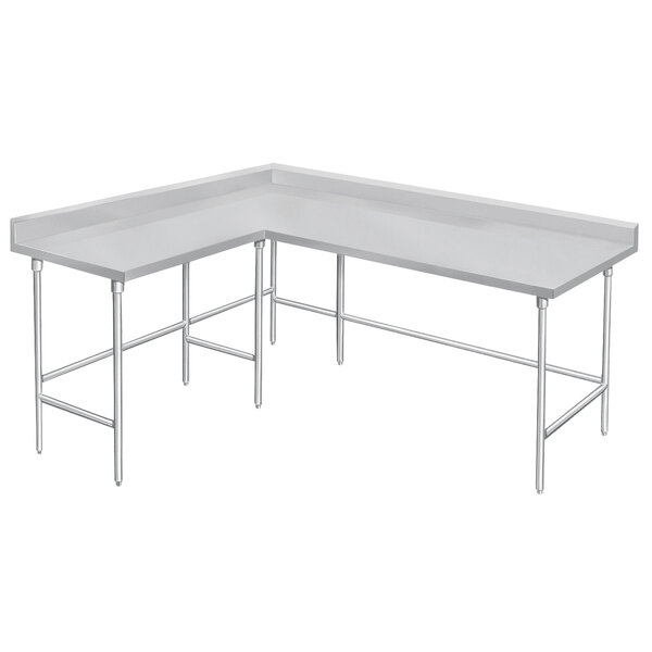 A white rectangular Advance Tabco stainless steel work table with metal legs.