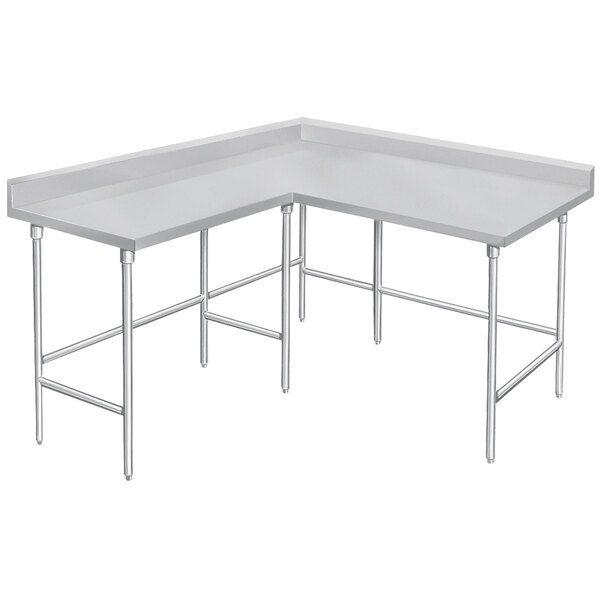 An Advance Tabco stainless steel L-shaped work table with two legs.