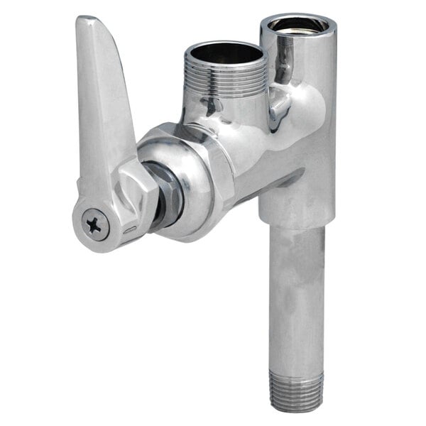 A chrome plated T&S add-on nozzle base for a pre-rinse faucet with a silver handle.