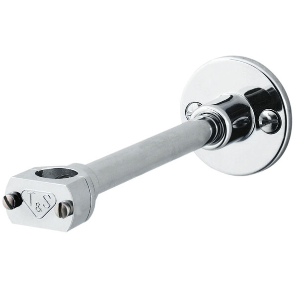 A chrome-plated metal wall bracket with a metal pipe screw.