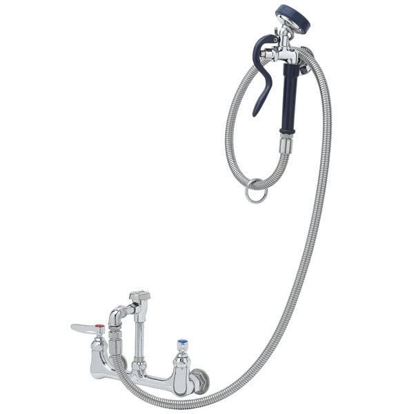 A T&S wall mount spray unit with a faucet and hose attached.