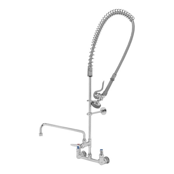 A T&S wall mounted pre-rinse faucet with spray valve and hose.
