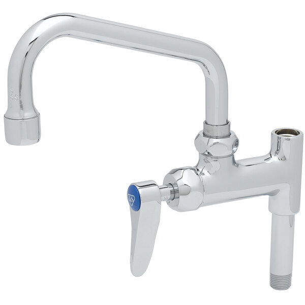A T&S chrome pre-rinse add-on nozzle with a silver and blue handle.