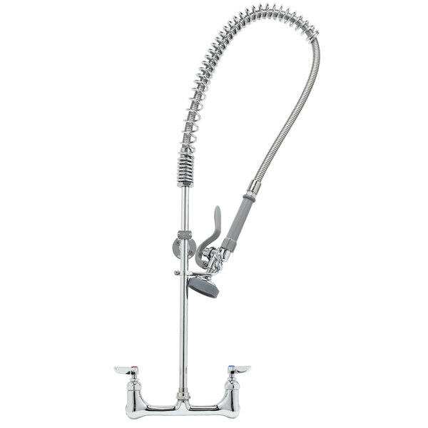 A T&S chrome wall mounted pre-rinse faucet with a hose attached.