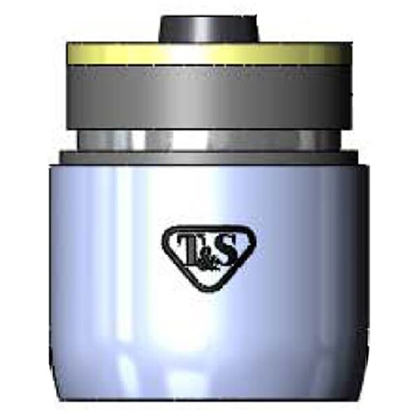 A blue and yellow cylinder with the T&S logo on a silver surface.