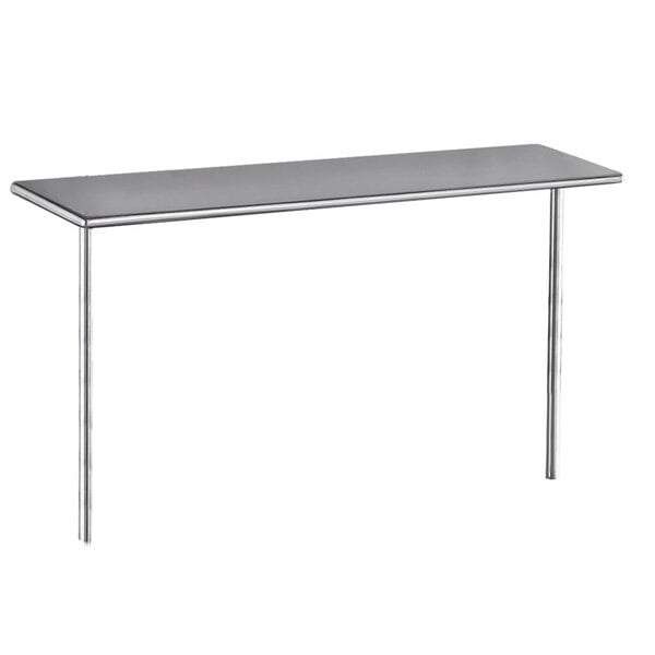 A stainless steel table with a rectangular metal shelf above it.