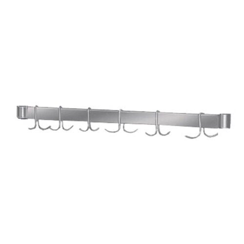 A stainless steel Advance Tabco utensil rack with hooks.