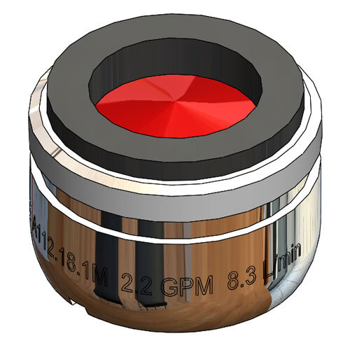 A close-up of a T&S B-0199-03 faucet aerator with a red circle and black border and a round metal object with a red center.