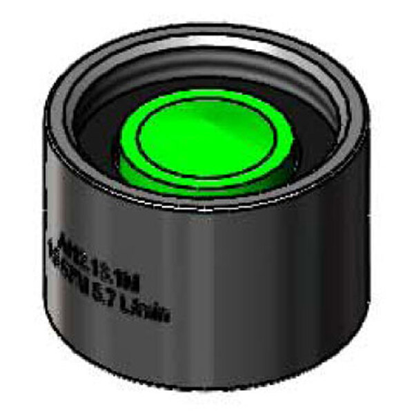 A black cylinder with a green circle with black lines on it.