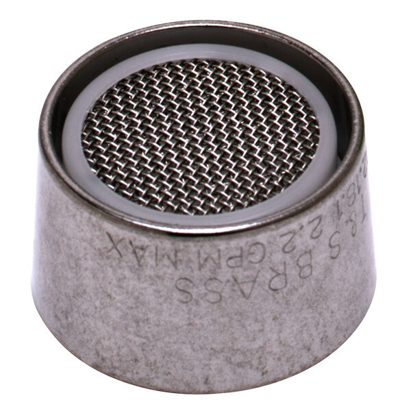 A close-up of a T&S metal aerator with a mesh pattern.