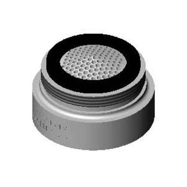 A close-up of a round metal T&S spray device with a black center.