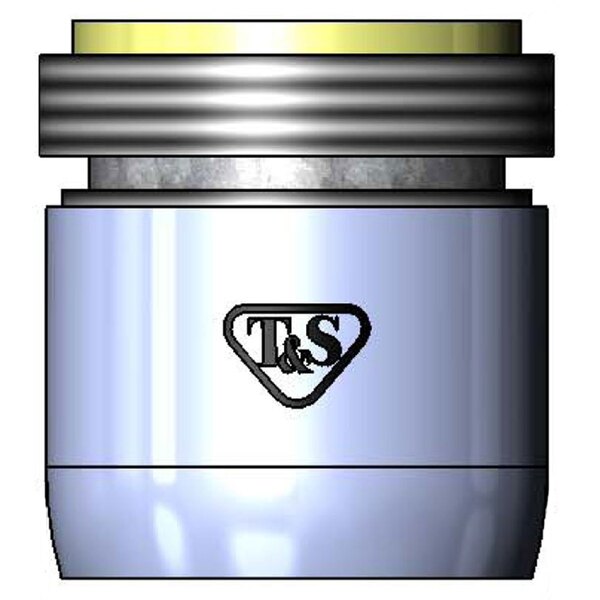 A silver metal cylinder with blue and yellow accents and the T&amp;S logo on a silver surface.