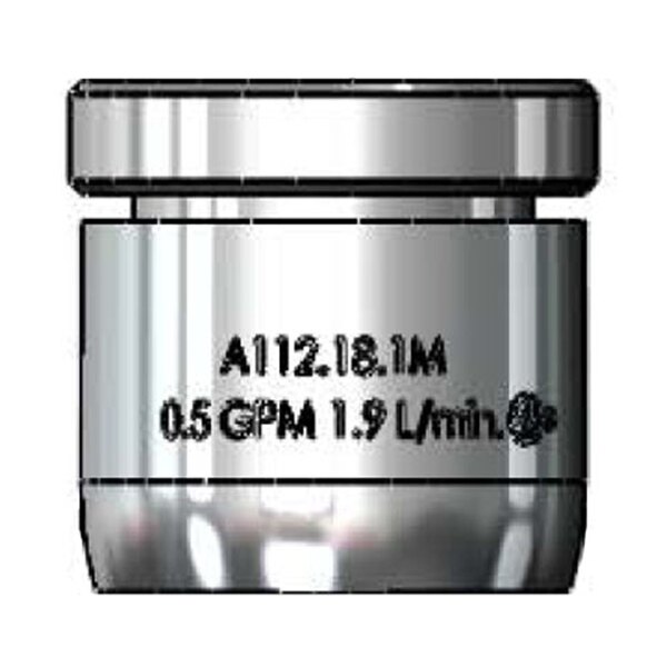 A close-up of a silver metal cylinder with black edges and white lettering.