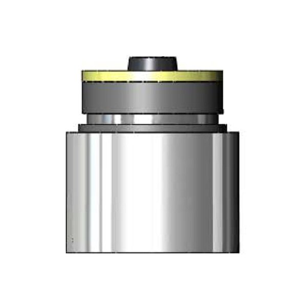 A stainless steel and yellow metal cylinder with a black cap and installation key.