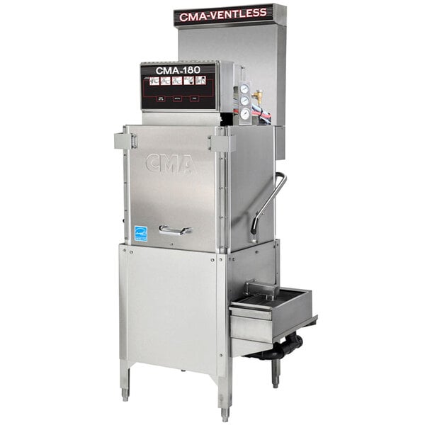 A CMA dishmachine with a stainless steel cabinet.