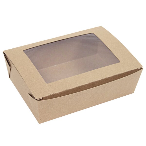 A brown Bio-Plus paper take-out box with a clear window.