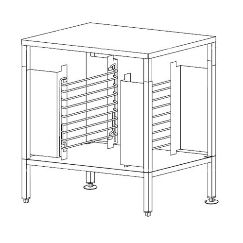A black and white metal stand with rack guides.