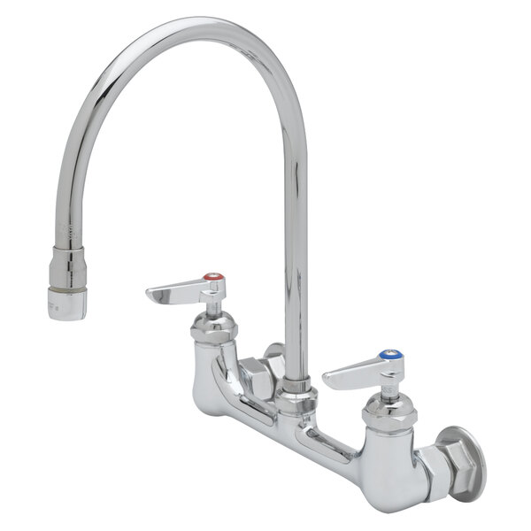 A chrome T&S wall mount pantry faucet with two handles and a swivel gooseneck.