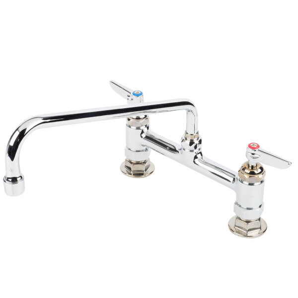 A chrome T&S deck-mount pantry faucet with two handles.