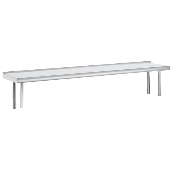A stainless steel table mounted shelf with a top shelf.