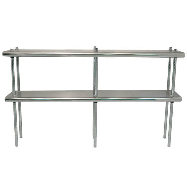 A stainless steel Advance Tabco table mounted double deck shelving unit with a long metal rod on the back.